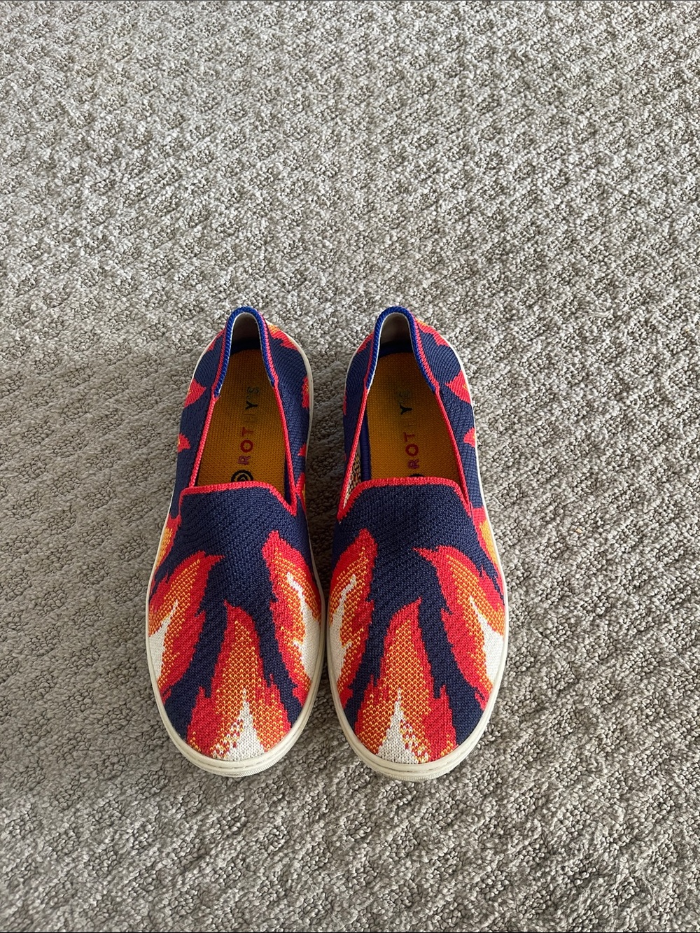Rothy's Kids Slip-On Sneakers in Navy, Red & Orange Flame Knit